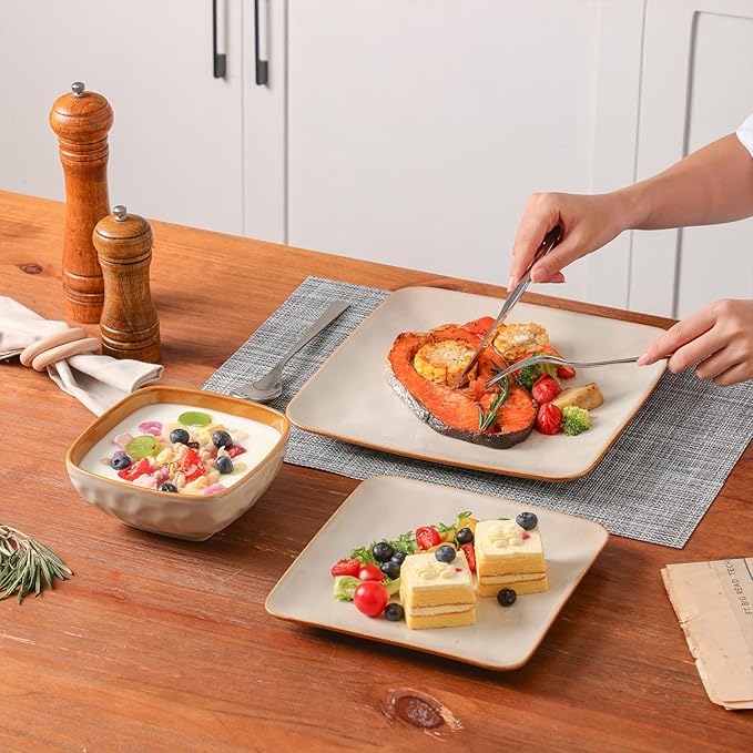 vicrays Ceramic Square 12 Pieces Dinnerware Set - Dinner Plates Salad Plates Cereal Bowls Set Service for 4 - Scratch Resistant Microwave Oven Dishwasher Safe - Beige