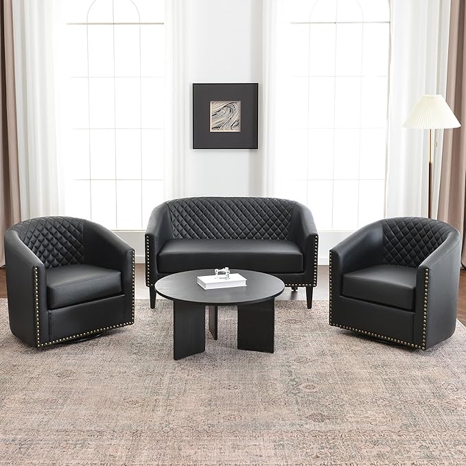 KINWELL 29" Wide Tufted Faux Leather Swivel Barrel Chair Set of 2, PU Leather Modern Upholstered Accent Chairs with Nailhead Trim, Small Armchair for Living Room Bedroom, Black