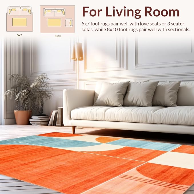 Flatwoven High Traffic Area Rug 5x7, Mid Century Modern Artistic Abstract with Geometric Elements, Non Slip, Stain Resistant, Washable Area Rugs for Living Room, Bedroom (Orange, 5x7)