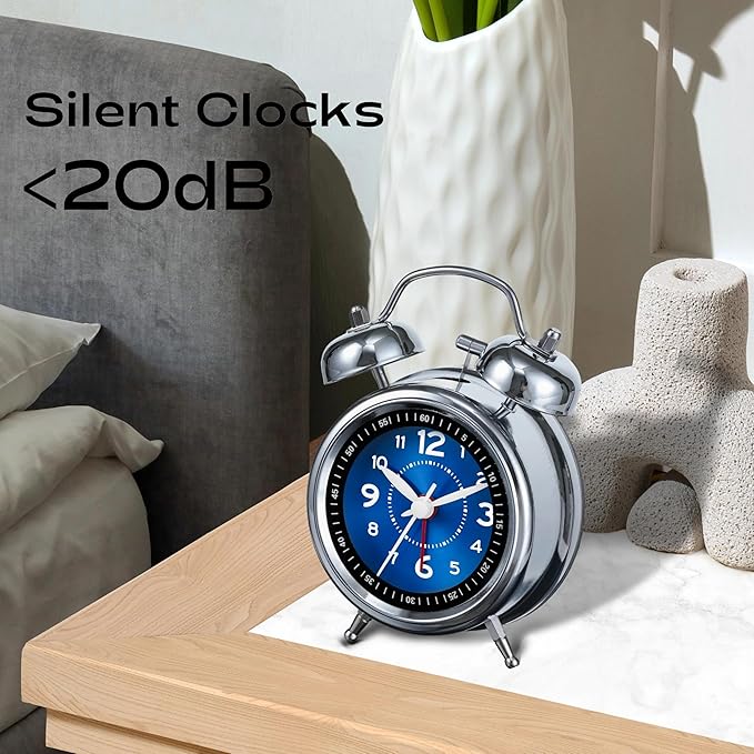 AKCISOT Loud Alarm Clock for Heavy Deep Sleepers,3 Inches Analog Metal Twin Bell Clocks Battery Operated with Backlight for Bedroom Bseide, Old Fashioned for Desk Home Decoration (Blue)