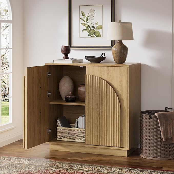 win2win Fluted Sideboard Buffet Cabinet with Storage, 31.5" Modern Boho Accent Cabinet with Double-Layered Arch Doors, Small Wood Console Credenza for Living Room, Dining Room, Entryway, Oak, 2PCS