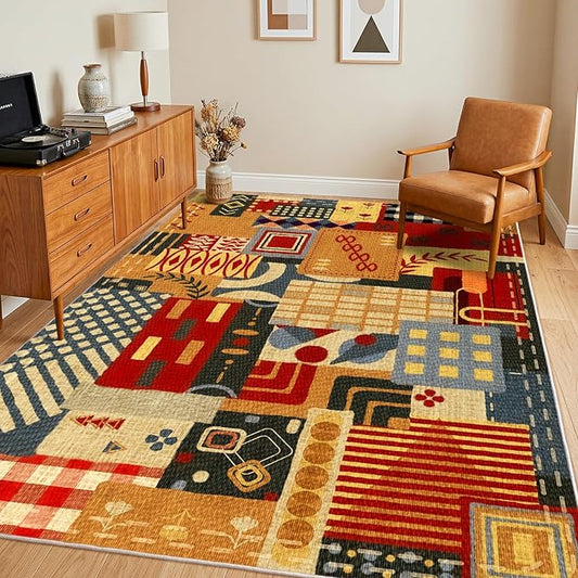 Washable 5x7 Colorful Abstract Area Rug, Boho Patchwork Rugs for Living Room, Multi-Color Modern Memphis-Inspired Throw Carpet, Non-Slip Low Pile Rug for Bedroom Dining Room Office Home Hardwood Floor