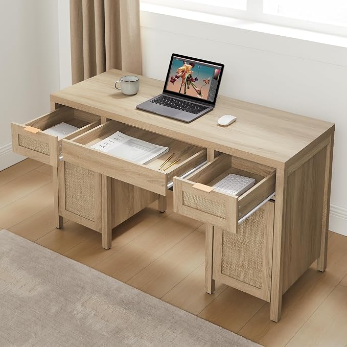 SICOTAS Rattan Executive Desk with Storage - 52" Large Home Office Desk with 3 Drawers and 2 Cabinets, Boho Computer Table for Study, Office, Living Room, Light Oak