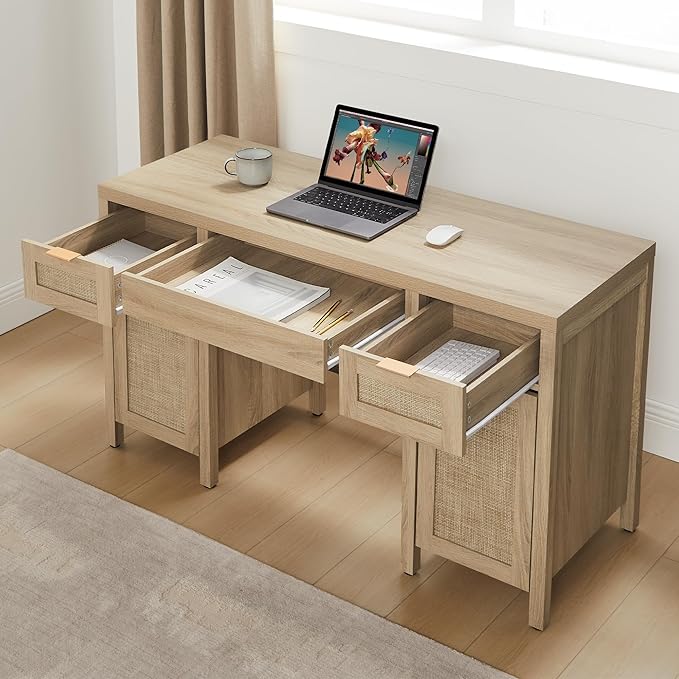 SICOTAS Rattan Executive Desk with Storage - Larger Home Office Desk with Drawers and Cabinets, Boho Computer Table for Study, Office, Living Room, Light Oak (2 Pieces)
