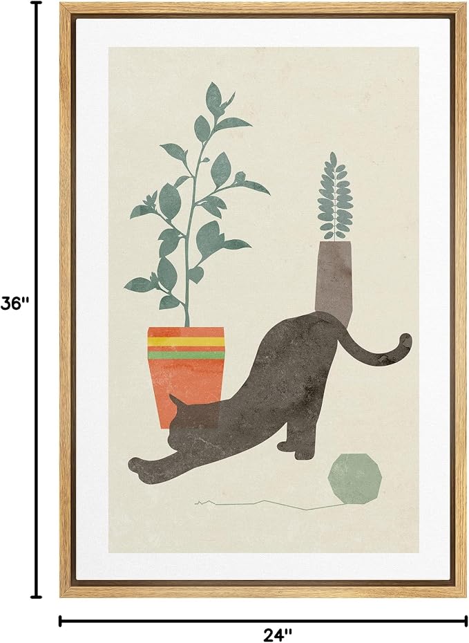 Woodrose Framed Canvas Print Wall Art Retro Black House Cat with Plants Animals Shapes Illustrations Modern Minimalist Chic Relax/Calm Multicolor for Living Room, Bedroom, Office - 24"x36" Natural