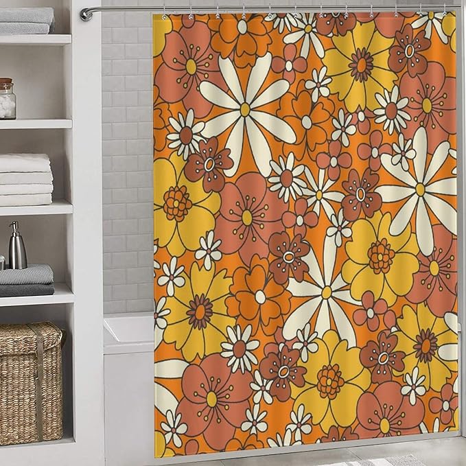 70s Shower Curtain, Vintage Retro Orange Daisy Floral Hippie Groovy Cute Flower Aesthetic Boho Funky Trippy Colorful Waterproof Fabric Bath Shower Curtain Set with Hooks, 72"x72" Inch