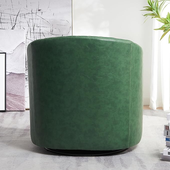 KINWELL 29" Wide Tufted Faux Leather Swivel Barrel Chair, PU Leather Modern Upholstered Accent Chairs with Nailhead Trim, Small Armchair for Living Room Bedroom, Green