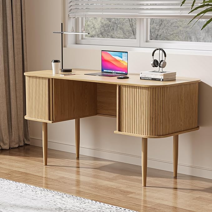 MAISONARIA 55" Modern Writing Desk with Storage, Wood Home Office Desk with Sliding Doors, Computer Desk for Home Office, Dorm, Living Room, Home Study Table, Natural
