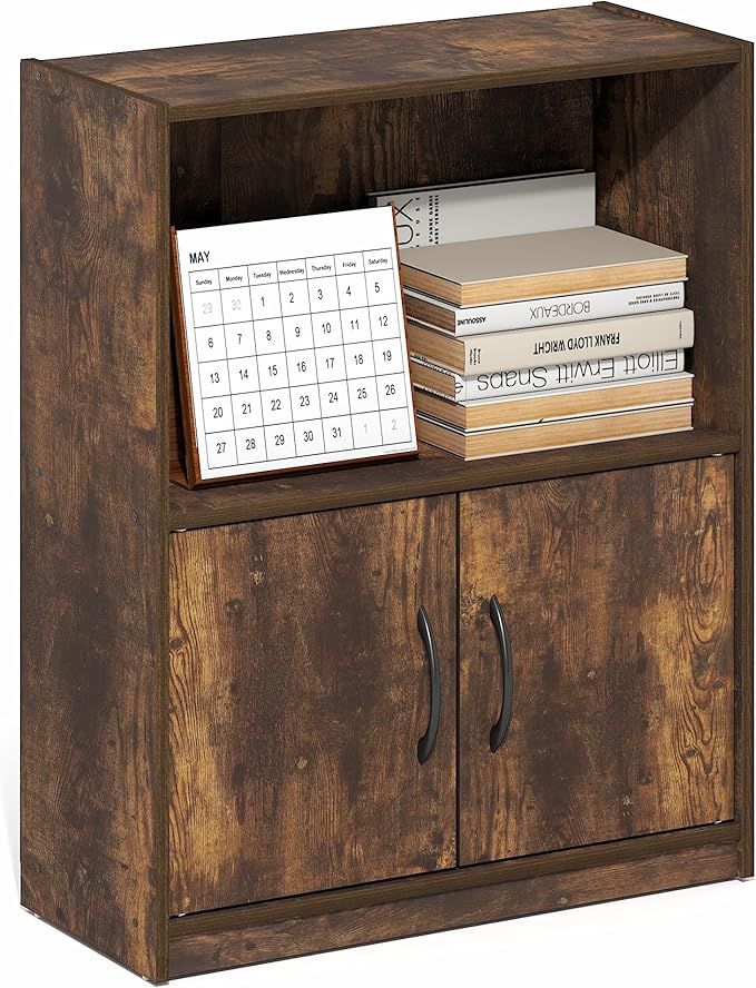 Furinno Gruen Book Shelf, 2-Tier Small Bookshelf, Bookcase with Open Shelf and Doors Storage Cabinet, 9.3 x 21.8 x 27, for Organization and Storage, for Living Room, Bedroom, Home Office, Amber Pine