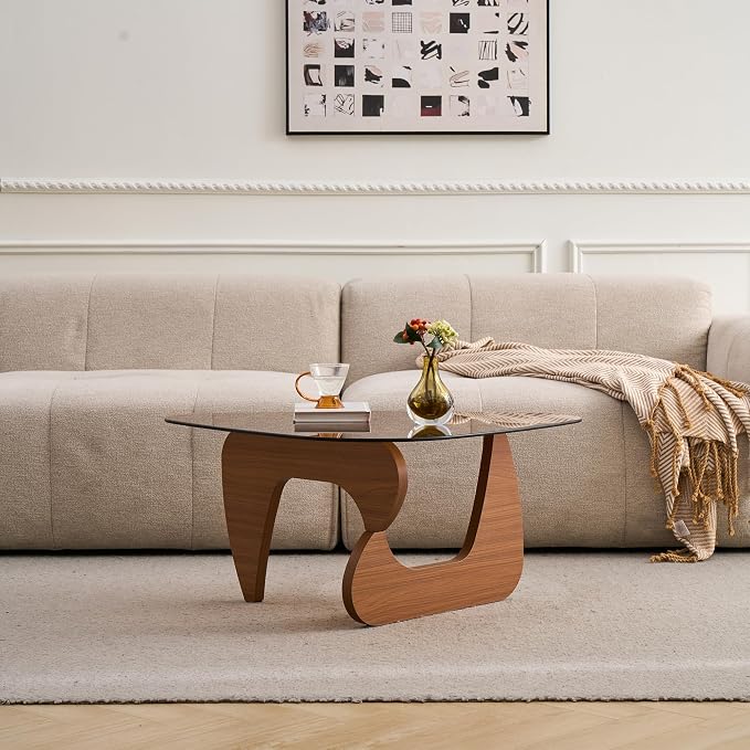 43.3'' Modern Brown Glass Coffee Table with Geometry Base, Irregular Shape Coffee Table for Living Room Office, Brown Finish Wood Base, Mid-Century Style Cocktail Center Table for Small Space