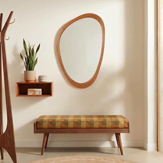 PERFNIQUE Irregular Wall Mirror, 30"x19" Solid Wood Frame Asymmetrical Mirrors for Mid Century Modern Decor, Tempered Glass Decorative Mirrors for Entryway, Bathroom, Bedroom, Living Room