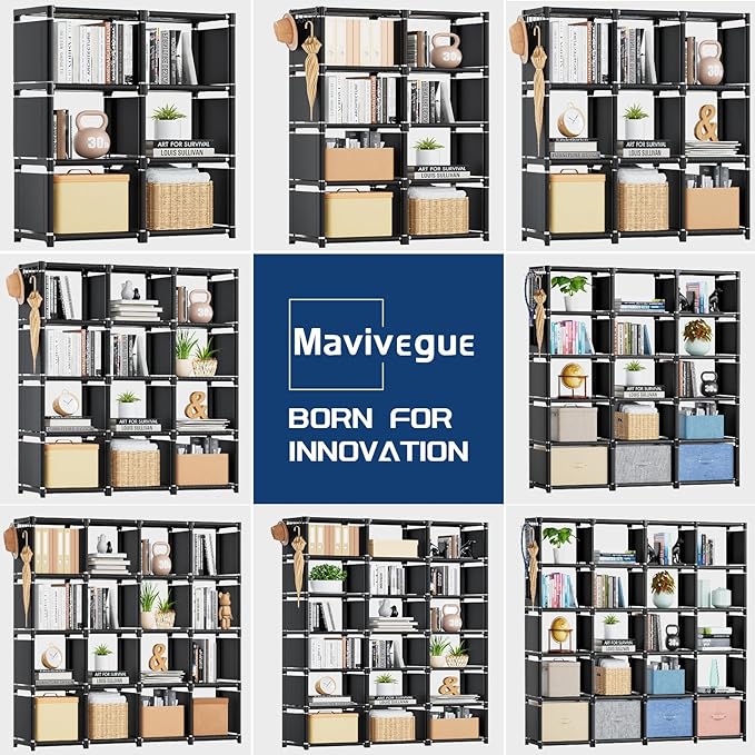 Mavivegue Book Shelf, Cube Storage Organizer, DIY Bookcase, Metal Bookshelf,Tall Book case for Bedroom, Living Room,Office,Closet, Cubicle Rack (6-Grid,Black）