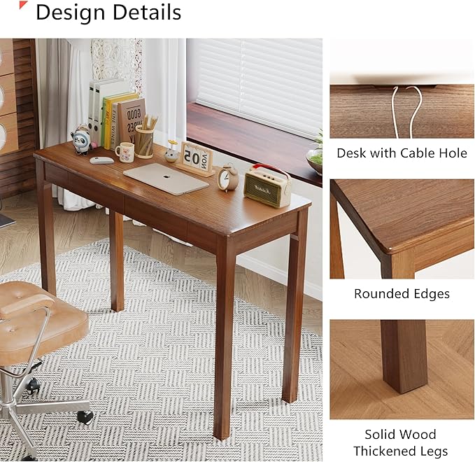 Solid Wood Desk with Drawers - 39" Narrow Desks for Small Spaces, Mid Century Modern Computer Desks, Wooden Vintage Writing Desk, Small Study Table for Home Office Bedroom, Walnut