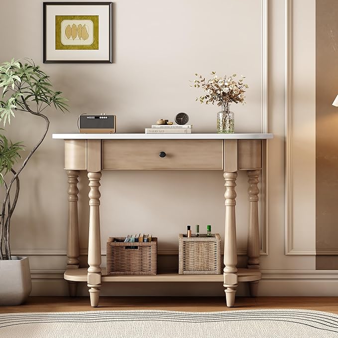 SOFTSEA Small Curved Console Table with Storage Drawer and Open Shelf, Farmhouse Wood Entryway Table with Drawer for Living Room, Save Space, White+Beige