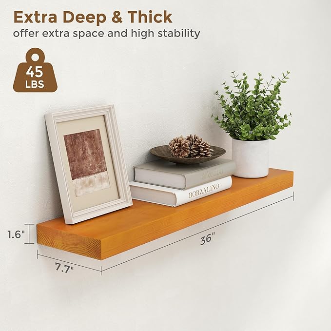 Marsmiles 36 Inch Wood Floating Shelves | Rustic Honey Oak Wall Shelves Set of 2 | 36" W x 7.7" D x 1.6" H Wooden Shelves for Bathroom Kitchen Living Room