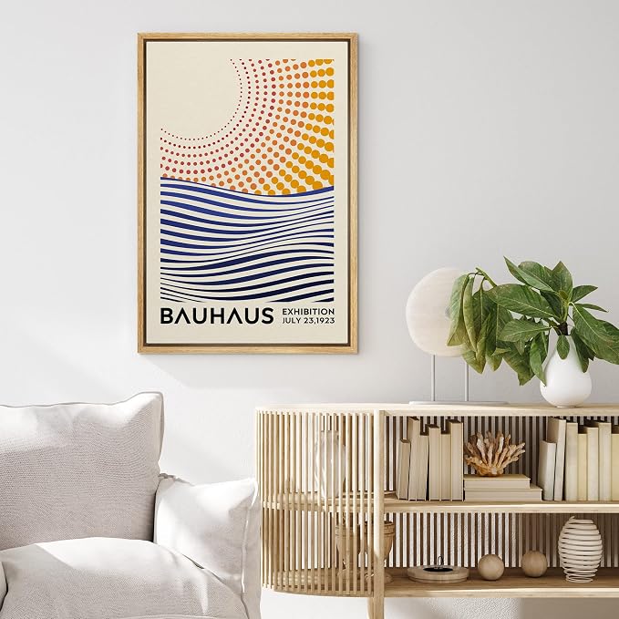 MUDECOR Framed Canvas Print Wall Art Mid-Century Bauhaus Geometric Sun & Ocean Shapes Abstract Illustrations Modern Art Minimal Multicolor Relax/Calm for Living Room, Bedroom, Office - 24"x36" NATURAL