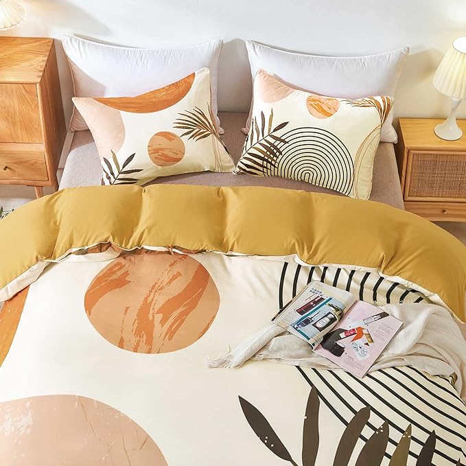 Hilioens Duvet Cover King Abstract Arch Sun Beige Modern Mid Century Boho Bedding Sets for All Seasons, 3 Pieces Home Bedroom Decorations Soft Microfiber