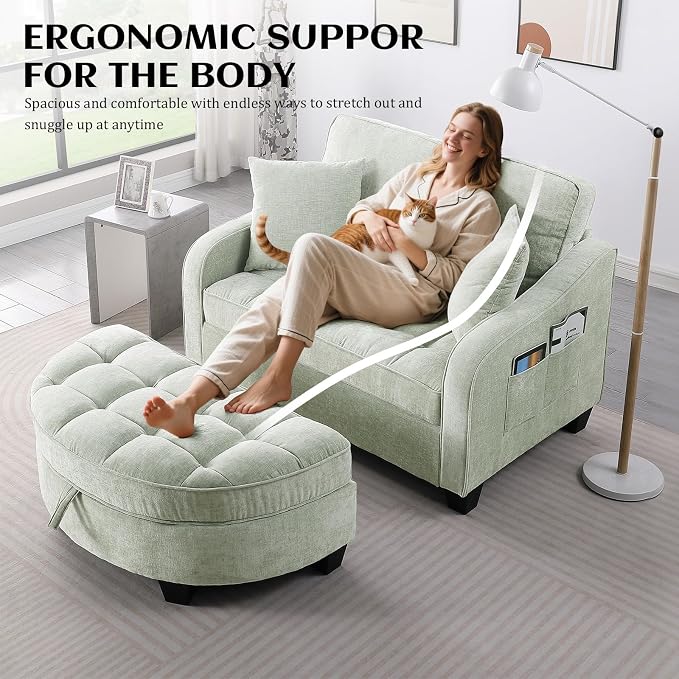 Oversized Curved Chaise Lounge Chair Indoor with Ottoman, 54.8" Cloud Boneless Reading Chair Soft Chenille Circle Couch w/Adjustable Backrest for Living Room, Apartroom, Bedroom, Cyan