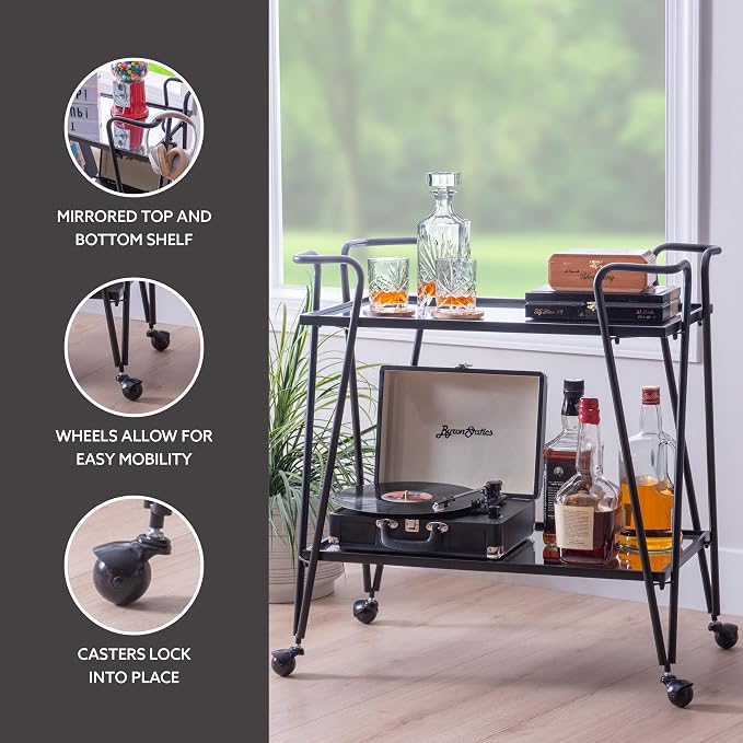 Linon Gina Black Mid Century Bar Cart with Mirrored Shelves