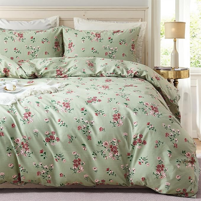 100% Cotton Duvet Cover Set Queen Size– Green Classic Botanical Print Bedding Set 3 Pieces, Breathable Lightweight Comforter Cover with Zipper Closure, Vintage Garden Floral Bed Set