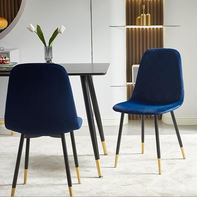 Navy Blue Velvet Dining Chairs Set of 2 - Upholstered Kitchen & Dining Room Chairs with Metal Legs, Mid-Century Modern Accent Chair for Living Room Kitchen Bedroom
