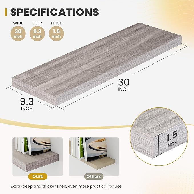 30 Inch Floating Shelves, 9.3" Deep Floating Shelf Wall Mounted, 30" Wall Shelves, Rustic Deep Bookshelf, Large Display Shelves & Storage Shelves for Bedroom, Living Room, Gray, Set of 2