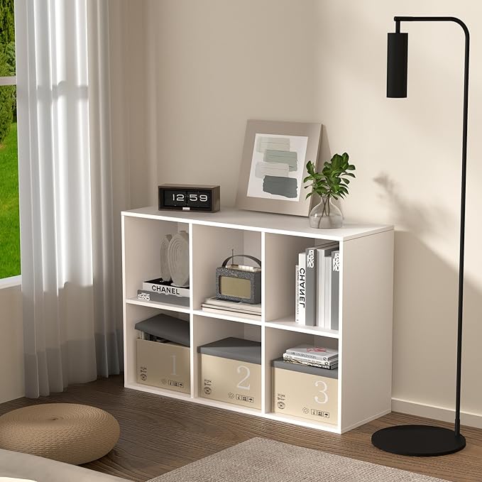 6 Cube Storage Organizer with Legs, 3 Tier Cube Low Bookcase Freestanding Storage Display Organizer for Home Office, Three-Cubes Open Shelf Short Bookshelf (White, 6 Cube Vertical)