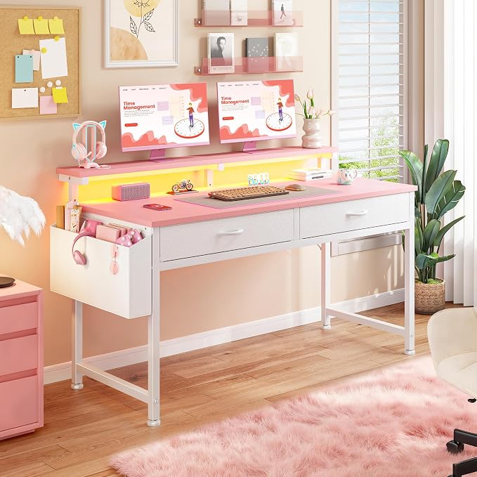 DurayLoly 47.3 Inch Office Computer Desk with LED Lights & 2 Fabric Drawers, Gaming Desk with Side Pocket & Ergonomic Monitor Stand, Small Space Study Writing Table with Anti-Tip Design,Pink