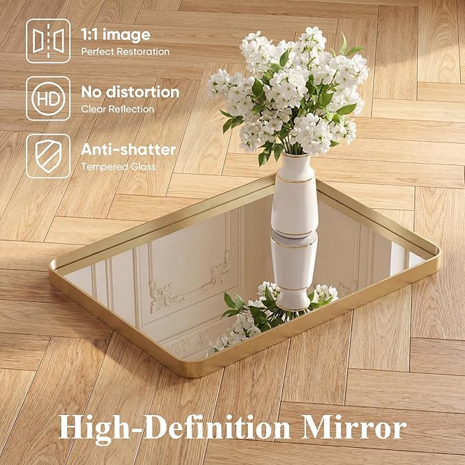 NEWBULIG 24X36 Inch Bathroom Mirror for Over Sink, Wall Vanity Mirrors Tempered Glass, Anti-Rust Metal Framed Rounded Rectangle, Hangs Horizontally or Vertically, Farmhouse Home Decor, Gold