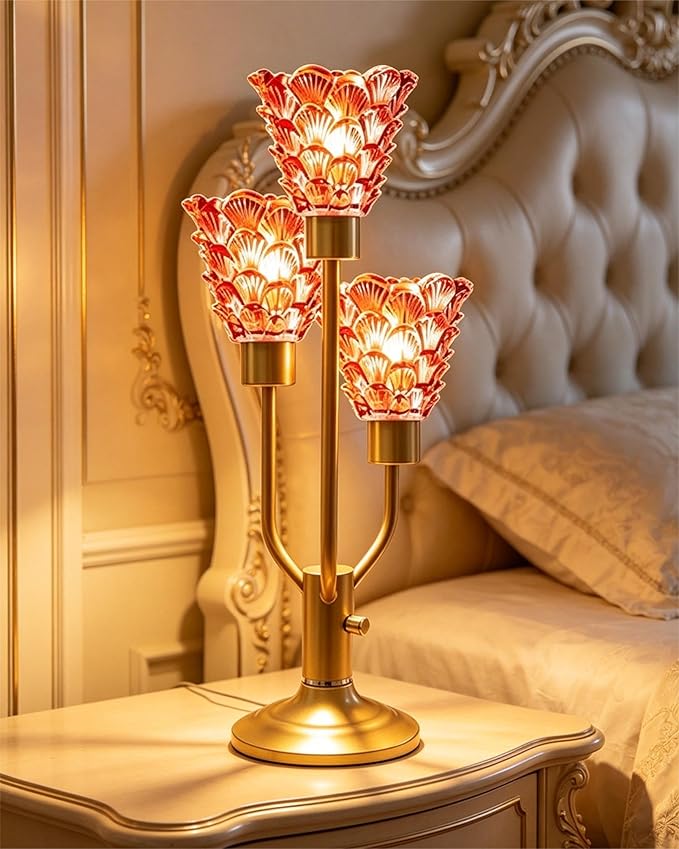 Lightdot Mid Century Modern Table Lamp for Living Room Dimmable Nightstand Lamp Red Glass Vintage Gold Desk Lamp 3 Bulbs Included Warmwhite Ambient Bedside Lamps for Bedroom Home Office Decor Gift