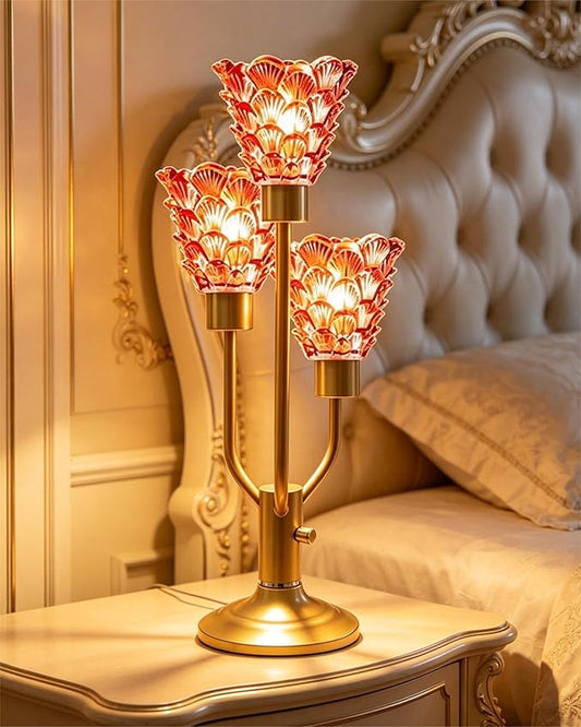 Lightdot Mid Century Modern Table Lamp for Living Room Dimmable Nightstand Lamp Red Glass Vintage Gold Desk Lamp 3 Bulbs Included Warmwhite Ambient Bedside Lamps for Bedroom Home Office Decor Gift
