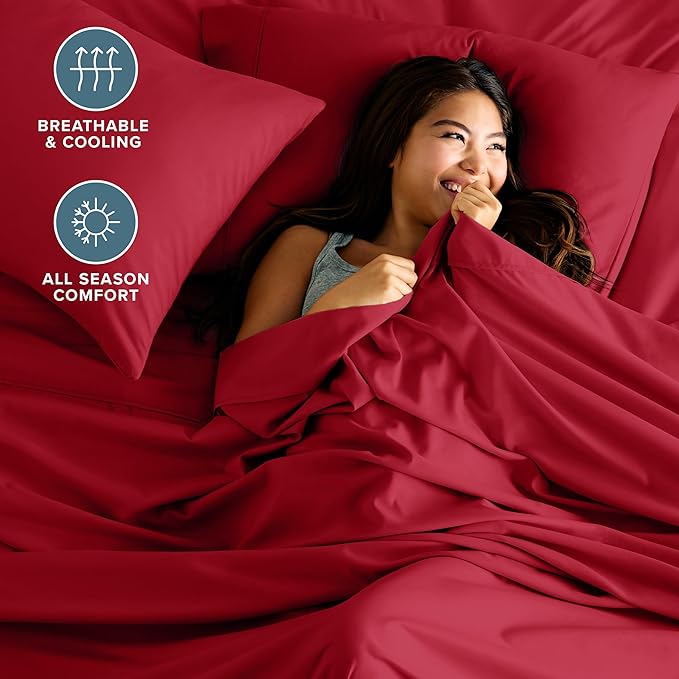 Bare Home Full XL Sheet Set - 1800 Ultra-Soft Microfiber Full Extra Long Bed Sheets - Double Brushed - Deep Pockets - Easy Fit - 4 Piece Set - Bedding Sheets & Pillowcases (Full XL, Red)