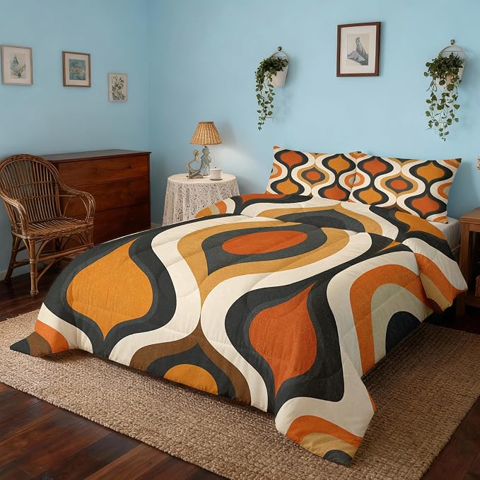 Retro Geometric Cal King Size Comforter Sets 3 Piece, Mid Century Modern Printed Pattern, Soft All Season Bed Comforter & 2 Pillow Sham, Vintage Groovy Bedroom Decor Reversible Bedding D-GM26