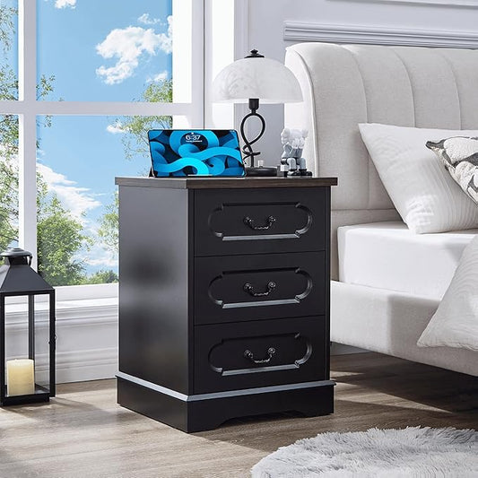 LIDYUK 3 Drawer Dresser for Bedroom Farmhouse Black Wood Chest of Drawers Bedroom Dresser with Charging Station, Rustic Small Drawers Dressers Nightstand Wooden Closet Storage Cabinet, Living Room
