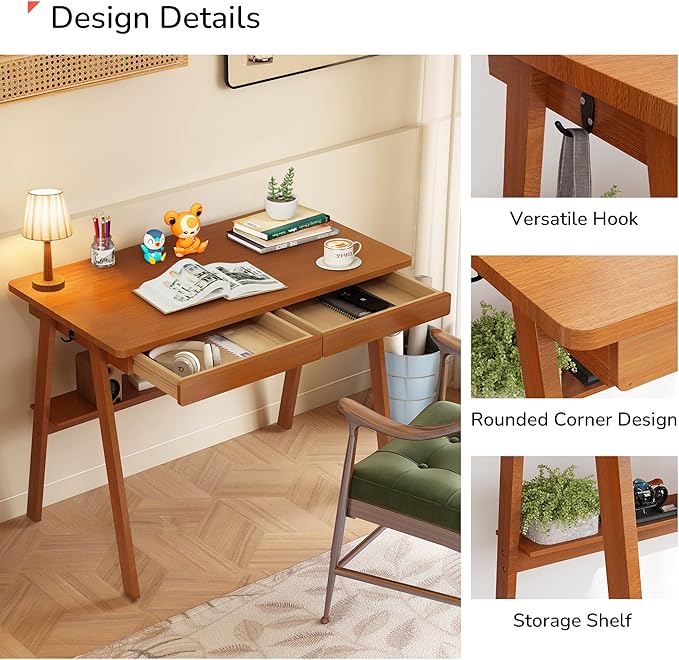 100% Solid Wood Writing Desk - 39.4" Mid Century Modern Home Office Desks, Small Computer Desk for Small Spaces with 2 Drawers and Storage Shelf, Laptop Study Table for Bedroom/Living Room, Walnut