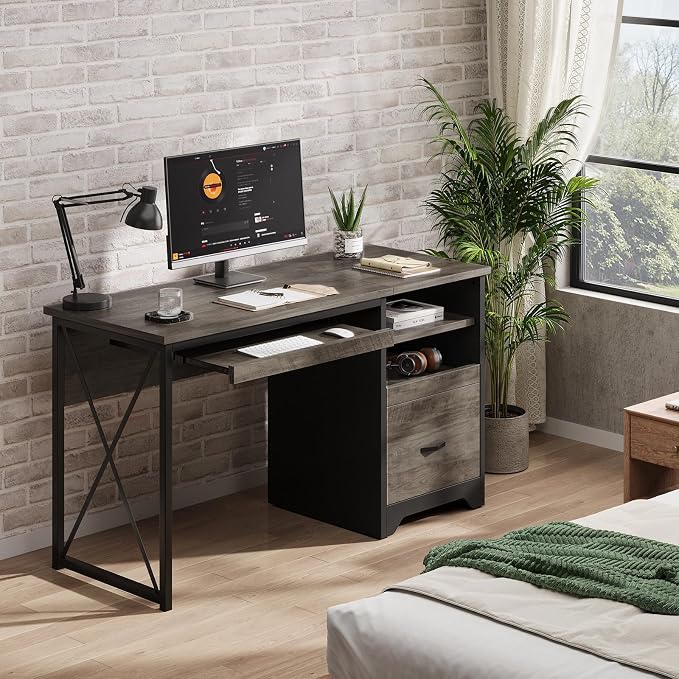 Bestier 47" Office Desk with Drawers, Industrial Computer Desk with Drawer, Reversible Teacher Desk with Storage & Keyboard Tray for Small Space Home Office & Studio, Gray Wash