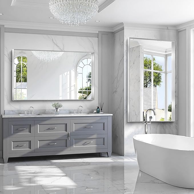 CIRCUMI Silver Bathroom Mirror, 36"x60" Rectangular Mirror with Deep Metal Frame, Brushed Finish, Tempered Glass, Large Mirror for Wall, Over 2 Sinks, Installed Vertically/Horizontally, Crystal-Clear
