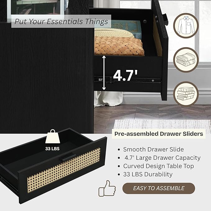 ELISA HOME Rattan-Inspired 5 Drawers Dresser for Bedroom, 47.2" Tall Modern Chest of Drawers, Wood Drawer Organizer for Clothes, Entryway, Hallway, Nursery or Living Room, Black