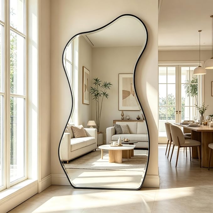 POZINO Irregular Full Length Mirror, 66.8"x33.5" Large Asymmetrical Beveled Mirror with Black Metal Frame, Organic Floor Mirrors for Entryway Hallway Cloakroom Living Room, Leaning/Wall-Mount