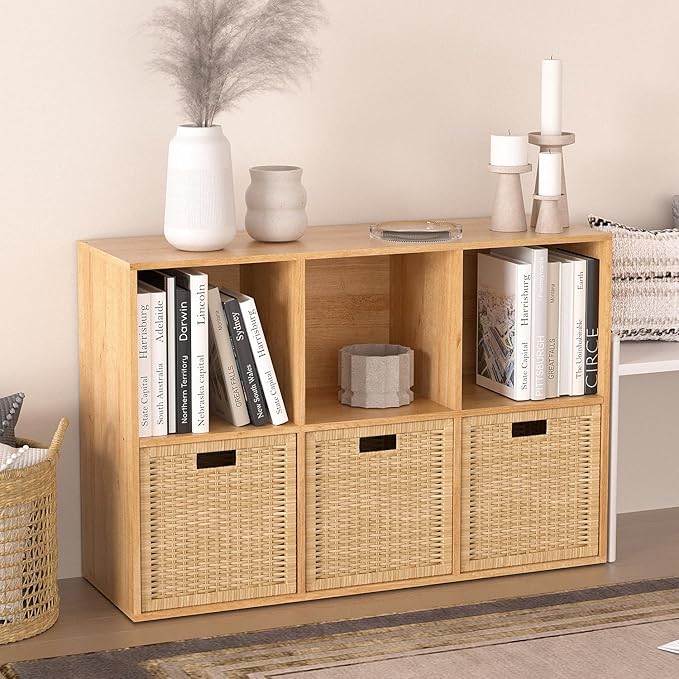 Wooden 6 Cube Storage Organizer with Closed Back Panel,White Cube Shelf Cubby Storage Organizers with Compartments for Living(Oak, 6 Cube-13in)