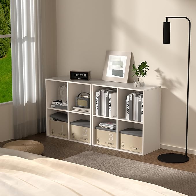 4 Cube Storage Organizer with Legs, 2 Tier Cube Low Bookcase Freestanding Storage Display Organizer for Home Office, Four-Cubes Open Shelf Short Bookshelf (White, 4 Cube)