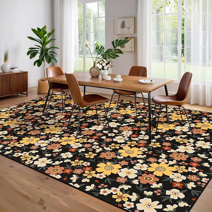 9x12 Area Rug Washable Modern Floral Rug for Living Room Low Pile Soft Bedroom Rugs Non Slip Modern Indoor Large Carpet Thin Foldable Floral Carpet for Nursery Dining Playroom, Black