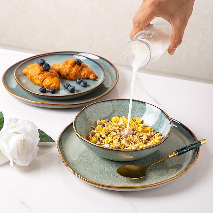 AmorArc Ceramic Dinnerware Sets,Handmade Reactive Glaze Stoneware Plates and Bowls Set,Highly Chip and Crack Resistant | Dishwasher & Microwave Safe,Service for 8 Dishes Set (24pc)