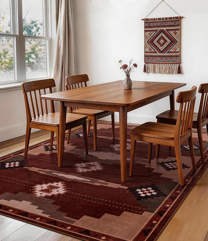 YIHOUSE Navajo Rustic Rug for Living Room, 8x10 Southwestern Area Rug Mid Century Modern Brown Rug Soft Non-Slip Washable Rugs for Bedroom, Dining Room (Brown/Red, 8'x10')