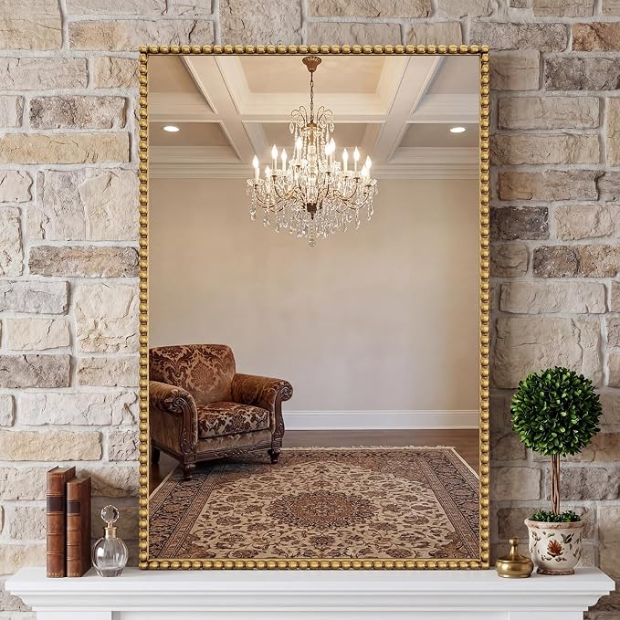 Uniclinens Vintage Rectangle Mirror Decor - Large Antique Gold Beaded Mirror for Wall Decor with Metal Frame, Ideal for Bathroom,Entryway, Fireplace, Living Room, Hallway,24"X36"