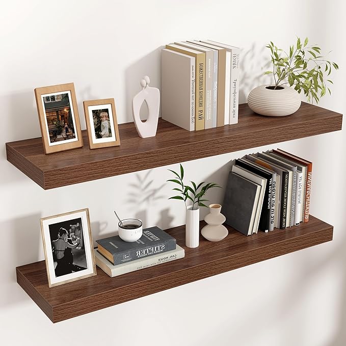 Floating Shelves for Wall, Engineered Wood Wall Shelves with Invisible Brackets for Living Room Bedroom Bathroom Office Kitchen Decor and Storage (Walnut, 36" W x 9" D x 1.5" H) Set of 2
