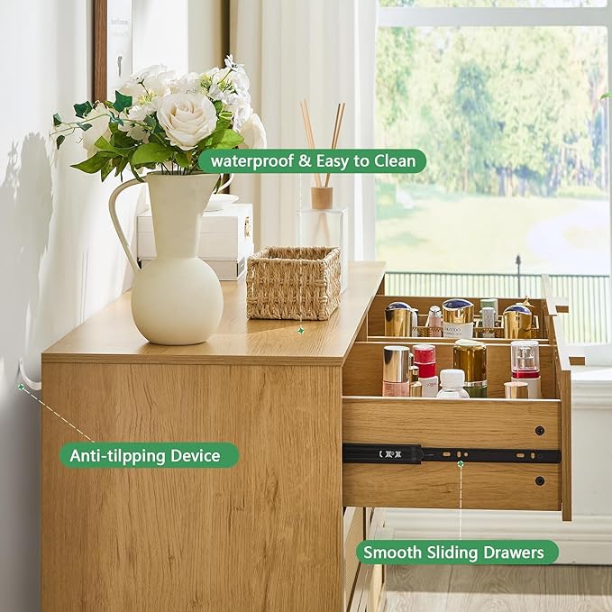 Dresser for Bedroom with 6 Drawers – Wide Chest of Drawers with Pulls Handles, Solid Wood Legs, Easy Assembly, Farmhouse Tall Dressers for Closet, Living Room,Hallway and Entryway oak1