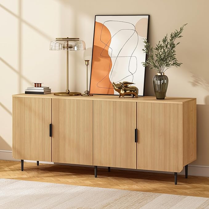 65" Fluted Sideboard Buffet Cabinet with Storage, Console Cabinet with 4 Doors & Adjustable Shelves, Modern Buffet Table for Kitchen Dining Living Room Hallway‌ Entryway, Natural