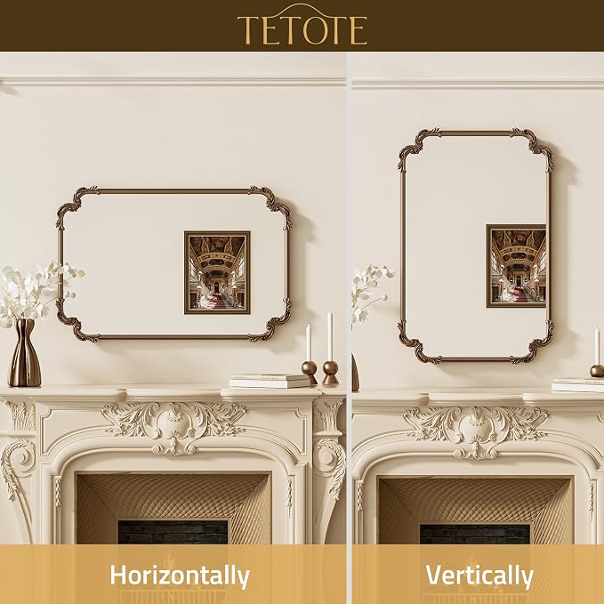 TETOTE Vintage Antique Gold Rectangle Mirror for Mantle Fireplace 60 x 30 Traditional Baroque Ornate Scroll Wall Mirror with Metal Frame for Living Room Bedroom, Horizontal/Vertical