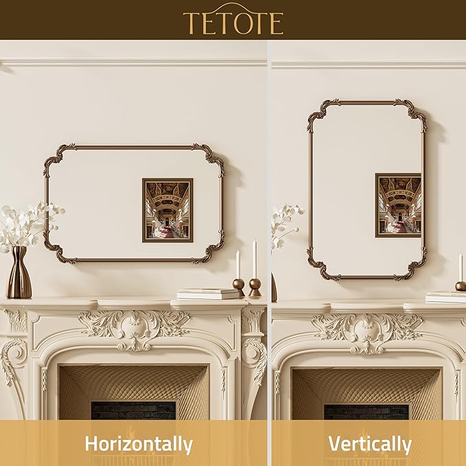 TETOTE Vintage Baroque Gold Rectangle Mirror for Wall 22 x 30 Antique Brass Scroll Rounded Corner Frame French Mantle Mirror for Fireplace Bathroom Living Room Bedroom Decor, Horizontal/Vertical